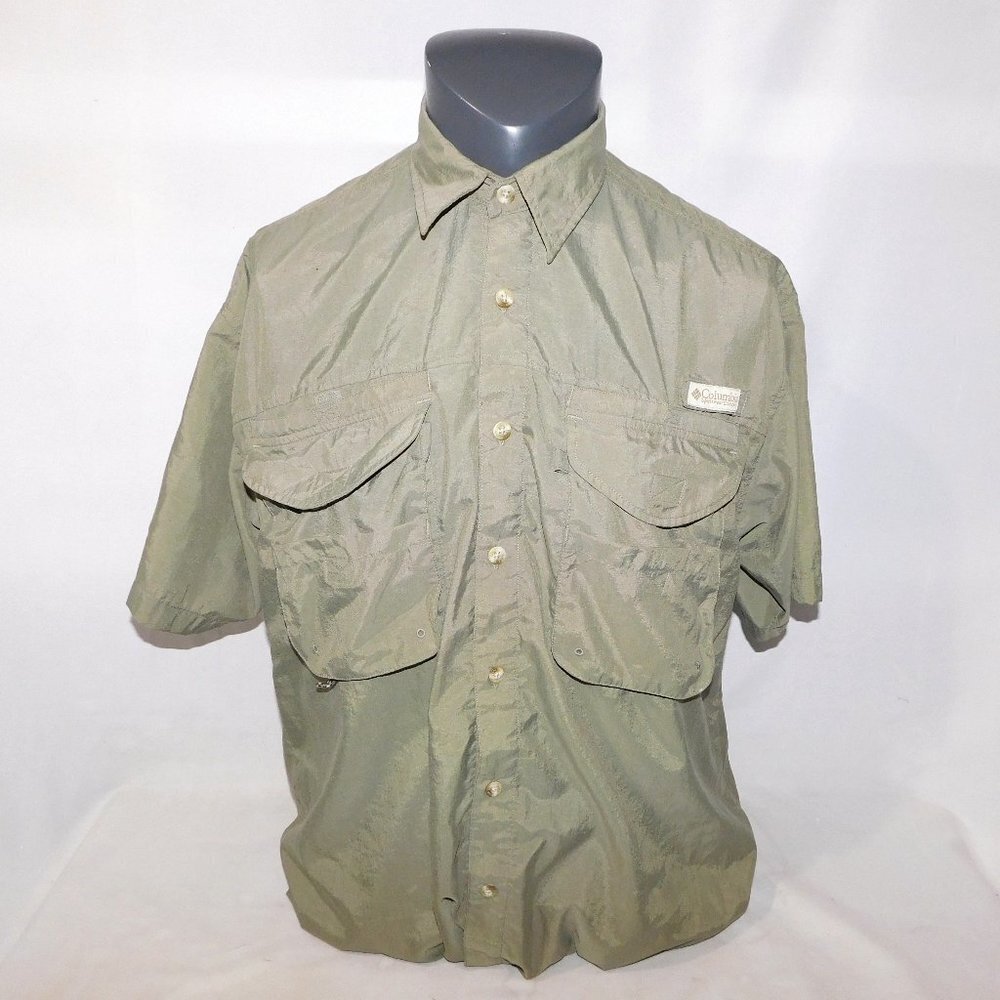 Columbia PFG Khaki Green Vented Fishing Outdoor Short Sleeve Button Shirt Mens M
